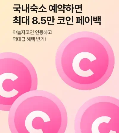 놀 국내숙소 예약하고 최대 8.5만 코인 페이백! 🎉